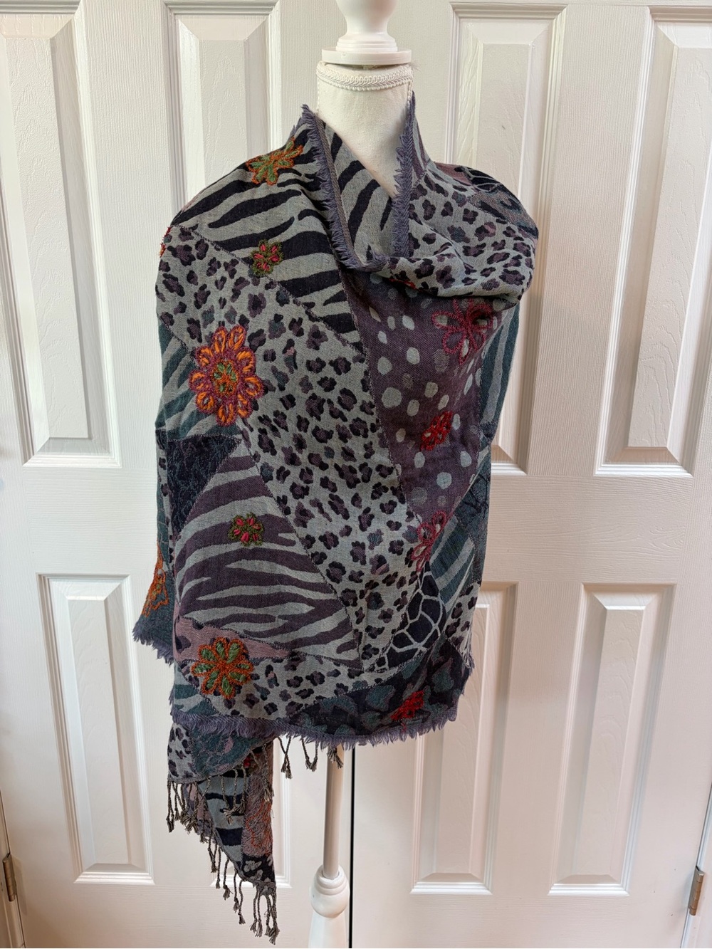 Woman’s Wold Blue Wool Floral Embroidered Scarf/Wrap with Tassels